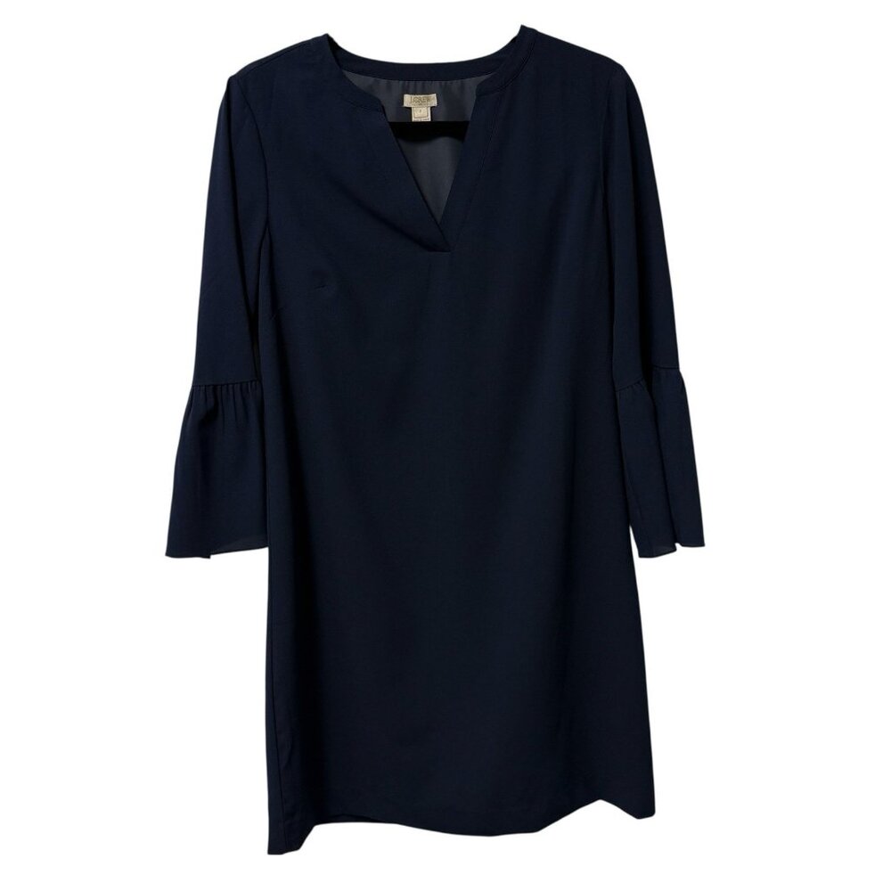 J. CREW DRESS SHIFT 3/4 RUFFLE BELL SLEEVES KNEE LENGTH NAVY BLUE V-NECK SIZE 2